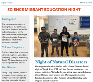 screenshot of the Togiak family night newsletter 
